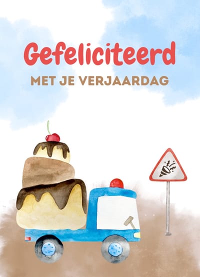 Verjaardagskaart jongen – Gefeliciteerd met je verjaardag – Enkele kaart met aquarel vrachtwagen met taart – Kinderkaart – Stevig 400 grams papier – Inclusief kraft envelop