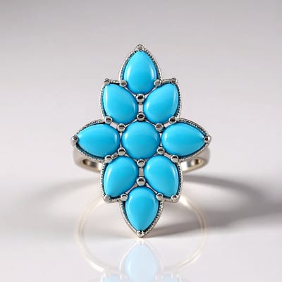 Cavill - Elegante Damesring - 5,445 ct Sleeping Beauty Turkoois - Turquoise Cabochon - Platina Verguld Zilver - Maat 17