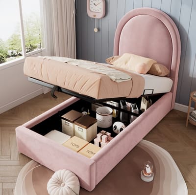 MEUNIQ kinderbed 90 x 200 cm met opbergruimte en lattenbodem, gestoffeerd bedframe met hydraulische opklapbare bedbodem voor kinderkamer, roze