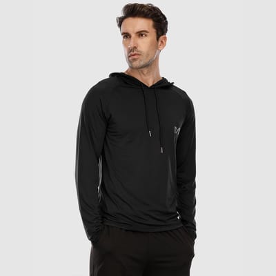 MEETYOO Heren Atletische Hooded Shirts Lange Mouw Workout Sport Hoodie Casual Hardloop T-shirt Snel Droog Pullover Top Sweatshirt-Zwart-XL