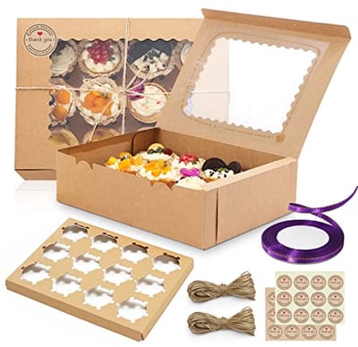 Cupcake box voor 12 muffins - 15 stuks met venster, inzetstukken en lint