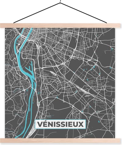 Posterhanger incl. Poster 40x40 cm - Schoolplaat - Frankrijk - Kaart - Stadskaart - Plattegrond - Vénissieux - Textielposter - Blanke latten - Stadskaart