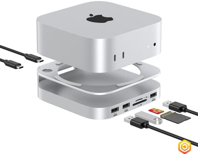 Casecentive - Aluminium 7-in-1 Dockingstation Hub Stand - Geschikt voor Mac Mini M4/M4 Pro - USB C - USB A - (Micro)SD card - SSD Slot - Zilver