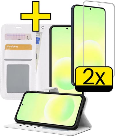 Hoesje - Met 2x Screenprotector - Geschikt voor Samsung Galaxy A57 - Luxe Pasjeshouder - Bookcase Portemonee - Flip Case - Kunstleer Book Case - Flipcase Hoes - Book Cover - Walletcase - Portemonneehoes - Telefoonhoesjes - Wit