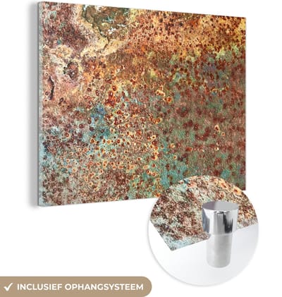 MuchoWow® Glasschilderij 160x120 cm - Schilderij acrylglas - Kleuren - Metaal - Roest - Structuur - Abstract - Foto op glas - Schilderijen
