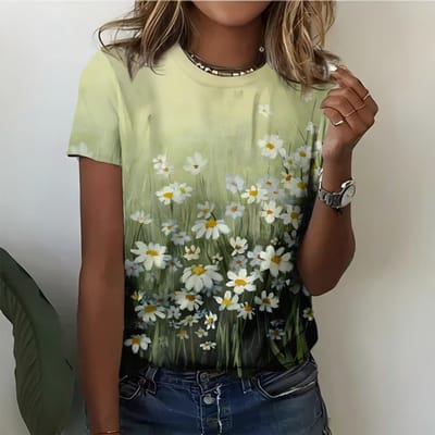 Frisse en Natuurlijke Stijl Dames T-shirt Madeliefje Bloem Zee Print Dagelijks Veelzijdig Top met Korte Mouwen 6XL gray