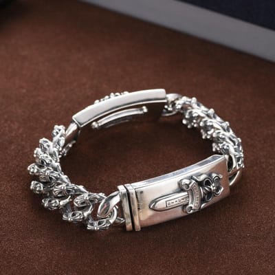 Bracelet Dominateur Croix Épée Marque Deux Mains Argent Sterling 925, Bijou Cadeau Bracelet Personnalité Rétro Homme Cœur Corbeau 22cm black