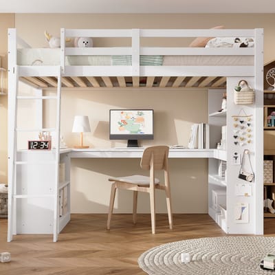 Hoogslaper - 90x200 - Met Opbergplank En Veiligheidshek - Schuine Ladder En Viltdoek - Grenenhout - Wit