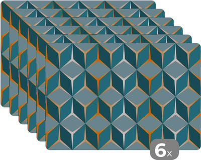 Placemat - Placemats kunststof - Goud - Blauw - Patroon - 45x30 cm - 6 stuks - Hittebestendig - Anti-Slip - Onderlegger - Afneembaar