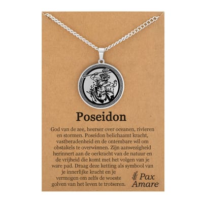 Griekse God Poseidon Ketting op Cadeau Kaartje - Zilverkleurige Mythologie Talisman - Roestvrij Staal - 60cm - Pax Amare
