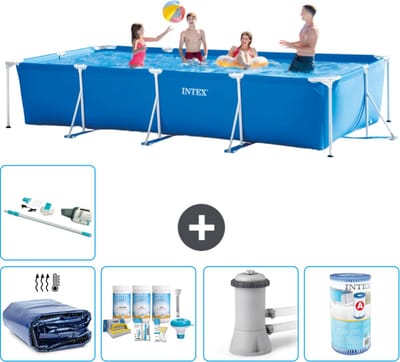 Intex Rechthoekig Frame Zwembad - 450 x 220 x 84 cm - Blauw - Inclusief Solarzeil - Onderhoudspakket - Zwembadfilterpomp - Filter - Stofzuiger - 6-delig