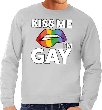 Kiss me i am gay sweater grijs voor heren - Gay pride kleding S