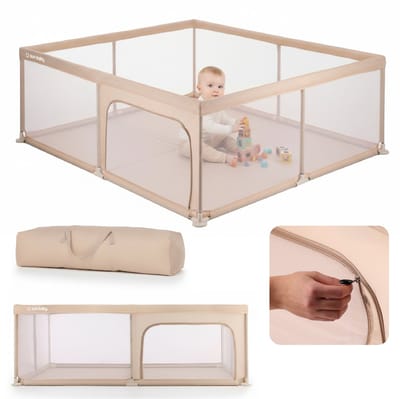 sun baby Kinderbox 150x200 cm 0-2 jaar Beige, polyester, netwanden, ingang met rits, antislipvoetjes, draagtas inbegrepen, metalen frame