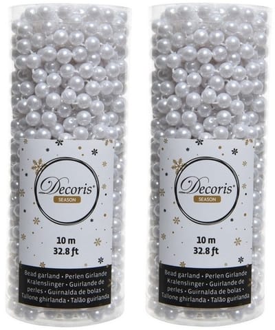 Decoris Kralenslinger - 6x - wit - 10 meter - kunststof - glans - kerstslinger - kerstboom versiering