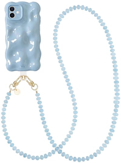 xoxo Wildhearts Bubbly case Ice Blue - Dusty Cord (lang) - Geschikt voor iPhone 12 - Hoesje met bobbeltjes inclusief telefoonkoord - Krullende golfvorm - schokbestendig - Telefoonhoesje met koord - Koord ook afneembaar - Blauw