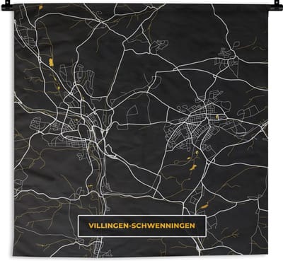 Wandkleed - Wanddoek - Duitsland – Black and Gold – Villingen Schwenningen – Stadskaart – Kaart – Plattegrond - 180x180 cm - Wandtapijt
