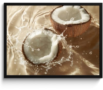 Fotolijst inclusief poster - Posterlijst 70x50 cm - Posters - Kokosnoot - Water - Beige - Spetters - Foto in lijst - Keuken decoratie muur - Wanddecoratie accessoires - Muurdecoratie - Schilderijen
