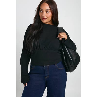 boohoo Dames Plus geribbelde top met blousonstijl lange mouwen | Zwart | Maat: 44