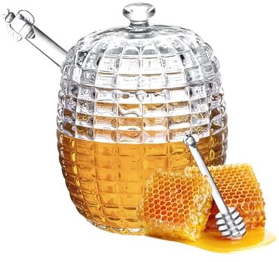 Kristallen Glazen Honingpot 255 ml – Bijenkorfvorm – Met Lepel – Handgemaakt – Honingcontainer & Dispenser Set-OUTARO
