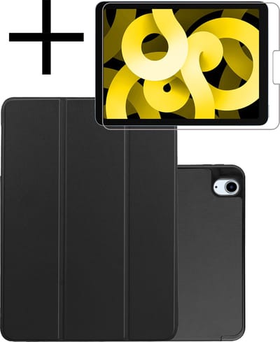 Hoes - Geschikt voor Apple iPad Air 5 (2022) - 10.9 inch - 5e Generatie - M1 - Met Screenprotector - Trifold Bookcase - Hard Cover Case - Met Uitsparing Geschikt voor Apple Pencil - Hardcover Book - Tablet Hoesje - Zwart
