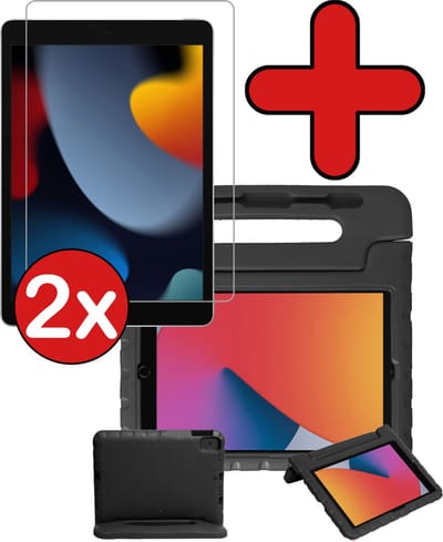 Hoesje - Geschikt voor Apple iPad 8 (2020) - 10.2 inch - 8e Generatie - Met 2x Screenprotector - Kinderhoes - Shockproof Bumper - Kidsproof Case - Tablethoes - Kinder Hoes Cover - Zwart