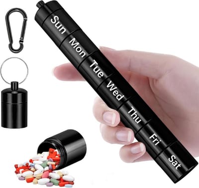 Scoby - Pillendoosje - Draaibaar Pillentorentje - Aluminium - 7 Dagen - Met Karabijnhaak - Zwart