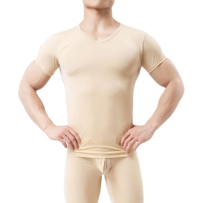 Haut Homme Été Ultra-fin Absorption Sueur Séchage Rapide Manches Courtes Col Rond Coupe Ajustée Couleur Unie Respirant Élastique Décontracté P M beige