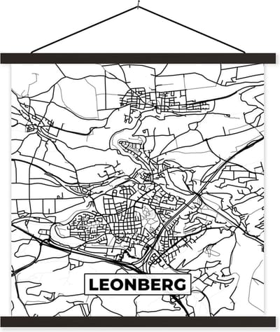 Posterhanger incl. Poster 60x60 cm - Schoolplaat - Plattegrond - Leonberg - Kaart - Stadskaart - Textielposter - Zwarte latten - Stadskaart