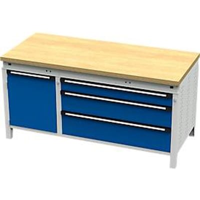 Otto Kind brede werkbank type 440, multiplexplaat van beukenhout, vlak afgeschoten, tot 1400 kg, B 1697 x D 750 x H 850 mm, staal, centrale vergrendeling, lichtgrijs/encianblauw