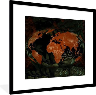 Fotolijst incl. Poster - Wereldkaart - Planten - Rood - 40x40 cm - Posterlijst