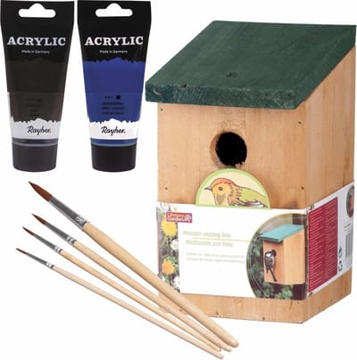 Houten vogelhuisje/nestkastje 22 cm - in het zwart/blauw maken - Dhz schilderen pakket - 2x tubes verf en kwasten