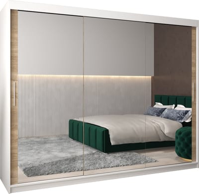 InspireMe - Kledingkast met 3 schuifdeuren, Modern-stijl, Kledingkast met planken (BxHxD): 250x200x62 - TORM III 250 Wit Mat + Sonoma Eik