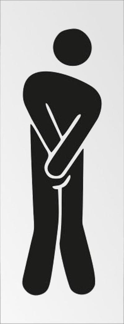 Deurbordje pictogram Toilet heren met hoge nood. 130 mm x 50 mm x 0,5 mm. Deur bordje pictogram toilet man nodig heren wc.