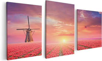 Artaza Canvas Schilderij Drieluik Rode Rozen Bloemenveld Met Een Windmolen - 120x60 - Foto Op Canvas - Canvas Print