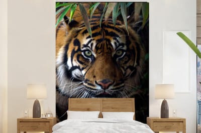 Behang - Fotobehang Tijger - Bladeren - Jungle - Dieren - Wild - Breedte 180 cm x hoogte 280 cm