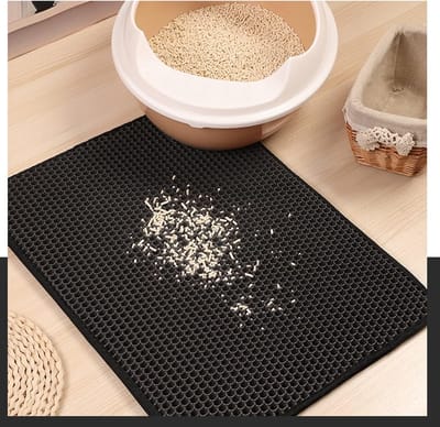 Famanu – Kattenbakmat - kattenbak - mat - onderlegger van 100% natuurlijke vezels met honingraattechniek (Zwart kat 75 cm, 55 cm))