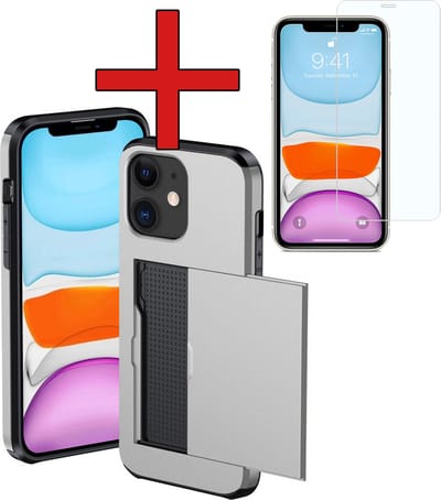 Hoesje Geschikt voor iPhone 11 Hoesje Met Pasjeshouder Hard Case Met Kaarthouder Met Screenprotector - Hoes Geschikt voor iPhone 11 Hoesje Pashouder Case - Grijs