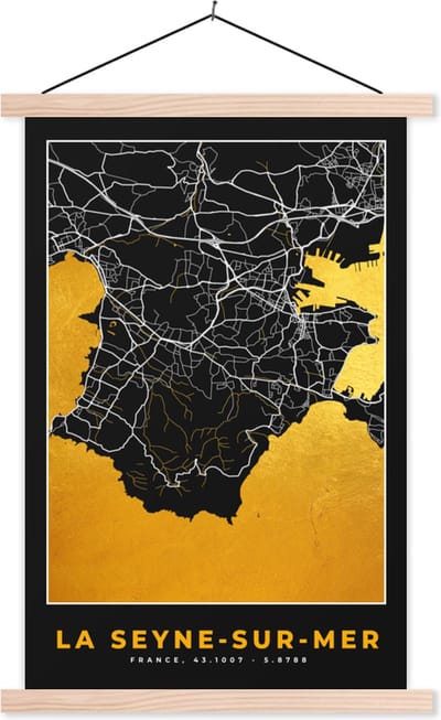 Posterhanger incl. Poster 40x60 cm - Schoolplaat - Kaart – Plattegrond – Frankrijk – Stadskaart - la Seyne-sur-Mer - Textielposter - Blanke latten - Stadskaart