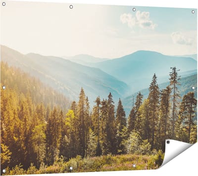 Gards Tuinposter Bos met Bomen in de Hoge Bergen - 120x90 cm - Tuindoek - Tuindecoratie - Wanddecoratie buiten - Tuinschilderij