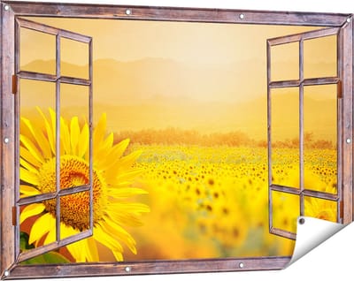 Gards Tuinposter Doorkijk Zonnebloemen Veld met Zonopkomst - 120x80 cm - Tuindoek - Tuindecoratie - Wanddecoratie buiten - Tuinschilderij