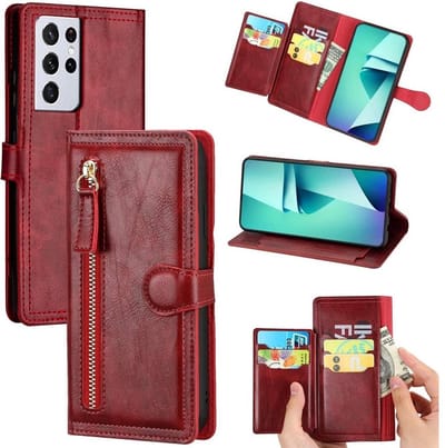 Samsung Galaxy S21 Ultra Book case met ritssluiting van LuxeBass - Flipcover - Magnetisch - 5 kaarten houder - Rood - telefoonhoes - gsm hoes - telefoonhoesjes