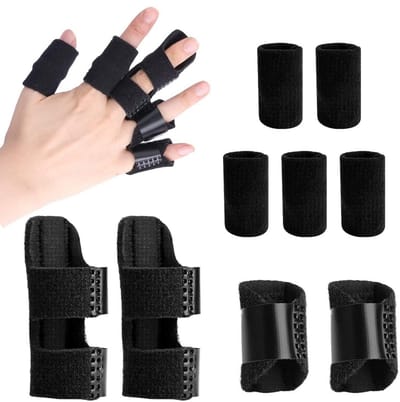 Daity vingerbeschermer - 4 stuks Trigger Finger Splints en 5 stuks Vingermouwen - Pijnverlichtende Vingerstabilisator - Vingercorrector Fixatiespalk voor Breuk Verstuiking - Gezwollen Vinger (Zwart)