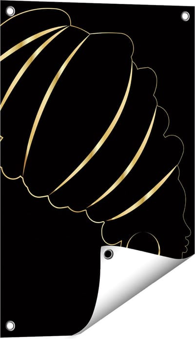Gards Tuinposter Afrikaanse Vrouw met Gouden Zwarte Tulband - 40x60 cm - Tuindoek - Tuindecoratie - Wanddecoratie buiten - Tuinschilderij