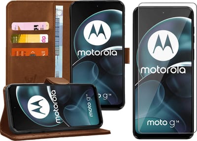 Hoesje geschikt voor Motorola Moto G14 - Screenprotector Glas - Portemonnee Book Case Bruin