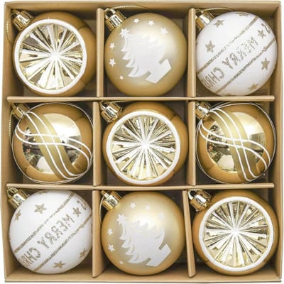 9-delige set Kerstballen in Wit, Zilver en Goud - Plastic Kerstboom Ornamenten met Touw - Luxe Verpakking van Kraftpapier - Kerstboomversiering met een Vleugje Elegante Stijl.