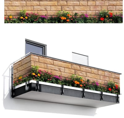Balkonscherm 500x100 cm - Balkonposter Bloemen - Bakstenen - Kleurrijk - Balkon scherm decoratie - Balkonschermen - Balkondoek zonnescherm