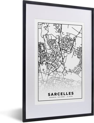Fotolijst incl. Poster Zwart Wit- Kaart - Sarcelles - Frankrijk - Stadskaart - Plattegrond - Zwart wit - 40x60 cm - Posterlijst