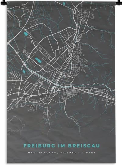 Wandkleed - Wanddoek - Stadskaart – Kaart – Freiburg im Breisgau – Blauw – Duitsland – Plattegrond - 120x180 cm - Wandtapijt
