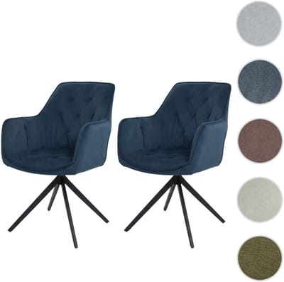 Set van 2 eetkamerstoelen MCW-L80, keukenstoel, gestoffeerde stoel met armleuningen, draaibaar, metaal, stof/textiel ~ blauw