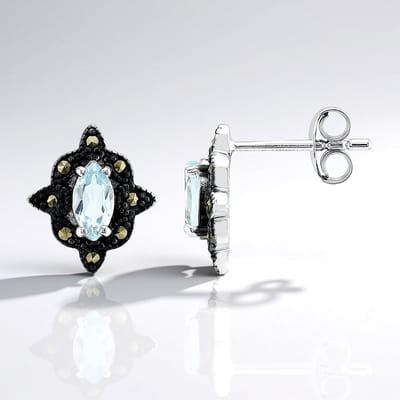 Cavill - 925 Sterling Zilver Oorbellen - Hemelsblauwe Marquise Topaas 0,52 ct - Vintage Marcasiet 0,08 ct - Elegante Dames Sieraden